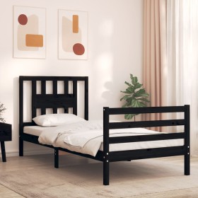 Estructura de cama con cabecero madera maciza negro 100x200 cm