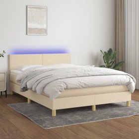 Cama box spring con colchón y LED tela crema 140x200 cm Cama box spring con colchón y LED tela crema 140x200 cm