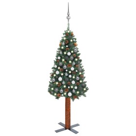 Árbol Navidad artificial estrecho LED y bolas PVC verde 150 cm