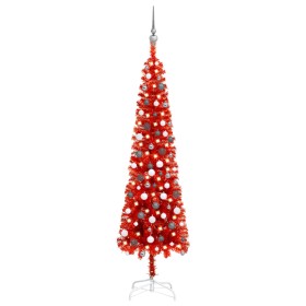 Árbol de Navidad delgado con LEDs y bolas rojo 210 cm