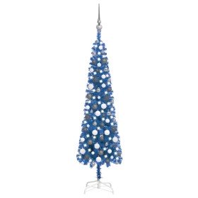 Árbol de Navidad delgado con LEDs y bolas azul 150 cm