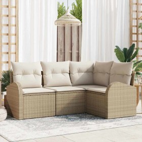 Conjunto de sofá de jardín con cojín 4 pcs Beige Poliratán