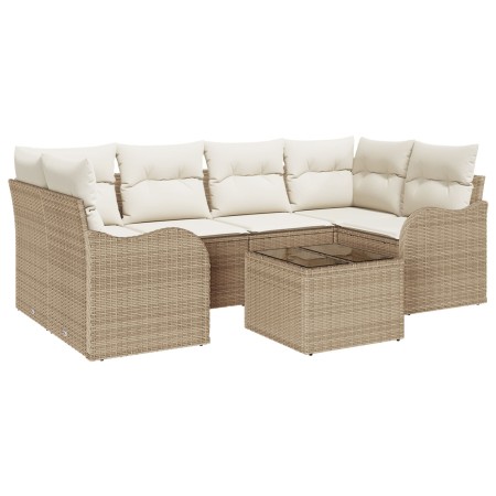 Juego de Sofá de Jardín de 7 Piezas con Cojines Ratán Beige Poli, Sofá de Jardín de 2 Plazas con Cojines Ratán Beige Poli by ...