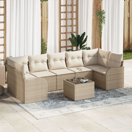 Conjunto de Sofá de Jardín de 8 Piezas con Cojines Beige de Poliratán, Sofá de Jardín de 2 Plazas con Cojines Beige de Polira...