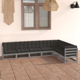 Set de muebles de jardín 7 pzas con cojines madera pino gris