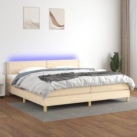 Cama box spring con colchón y LED tela crema 200x200 cm Cama box spring con colchón y LED tela crema 200x200 cm