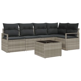 Conjunto de Sofás de Jardín de 6 Piezas con Cojines Gris Poliratán, Sofá de Jardín de 2 Plazas con Cojines Gris Poliratán by ...