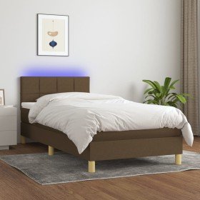 Cama box spring con colchón LED tela marrón oscuro 90x190 cm Cama box spring con colchón LED tela marrón oscuro 90x190 cm