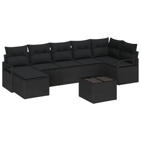 Juego de Sofá de Jardín de 8 Piezas con Almohadas Beige Poliratán, Sofá de Jardín de 2 Plazas con Almohadas Negro Poliratán b...
