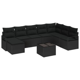 Conjunto de Sofá de Jardín de 9 Piezas con Cojines Beige Poly Rattan, Sofá de Jardín de 2 Plazas con Cojines Negro Poly Ratta...