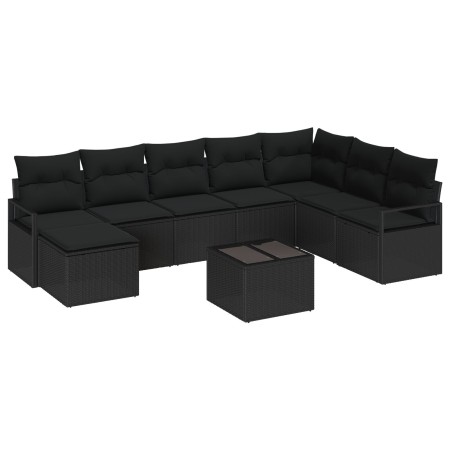 Conjunto de Sofá de Jardín de 9 Piezas con Cojines Beige Poly Rattan, Sofá de Jardín de 2 Plazas con Cojines Negro Poly Ratta...