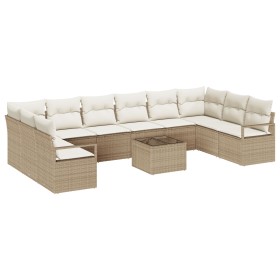 Conjunto de Sofá de Jardín de 11 Piezas con Cojines Marrón Polirratán, Sofá de Jardín de 2 Plazas con Cojines Beige Polirratá...