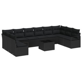 Conjunto de Sofá de Jardín de 11 piezas con Cojines Beige Poliratán, Sofá de Jardín de 2 Plazas con Cojines Negro Poliratán b...