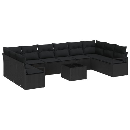 Conjunto de Sofá de Jardín de 11 piezas con Cojines Beige Poliratán, Sofá de Jardín de 2 Plazas con Cojines Negro Poliratán b...