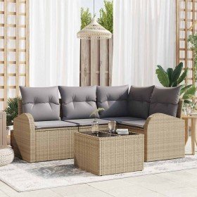 Conjunto de sofá de jardín con cojín 5 pcs Beige Poliratán