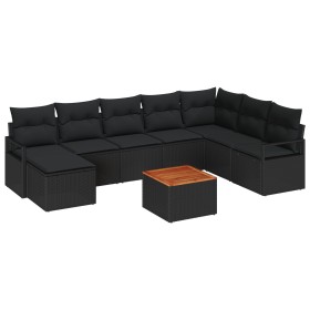 Juego de Sofá de Jardín de 9 Piezas con Cojines Negro Poliratán Acacia, Sofá de Jardín de 2 Plazas con Cojines Negro Poliratá...