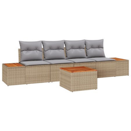 Juego de Sofás de Jardín de 5 Piezas con Cojines Beis de Ratán Poliéster Acacia von , Outdoor-Sofas - Ref: Foro24-3348021, Pr...
