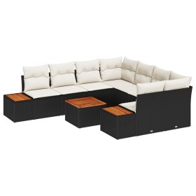 Juego de sofá de jardín de 9 piezas con cojines en negro y crema de ratán y acacia by , Outdoor sofas - Ref: Foro24-3348053, ...