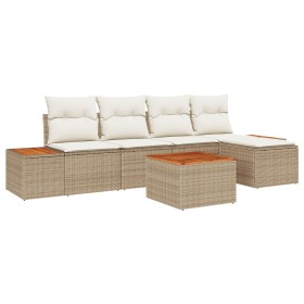 Juego de Sofá de Jardín de 6 Piezas con Cojines Beige Ratán Poliratán Acacia de , Sofás de exterior - Ref: Foro24-3348072, Pr...