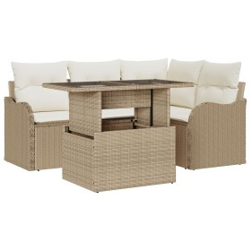 Juego de Sofá de Jardín de 5 Piezas con Cojines Beige Poliratán, Sofá de Jardín de 2 Plazas con Cojines Beige Poliratán by , ...