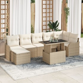 Conjunto de Sofás para Jardín de 8 Piezas con Cojines Beige Poliratán, Sofá de Jardín de 2 Plazas con Cojines Beige Poliratán...