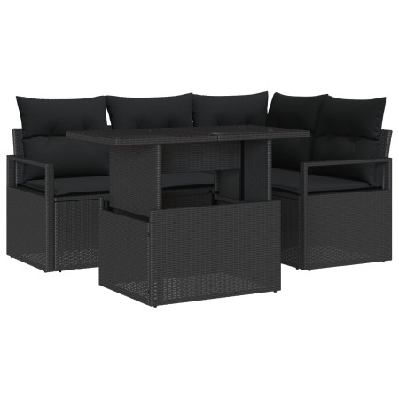 Conjunto de sofá de jardín de 5 piezas con cojines Ratán negro, Sofá de jardín de 2 plazas con cojines Ratán negro by , Outdo...