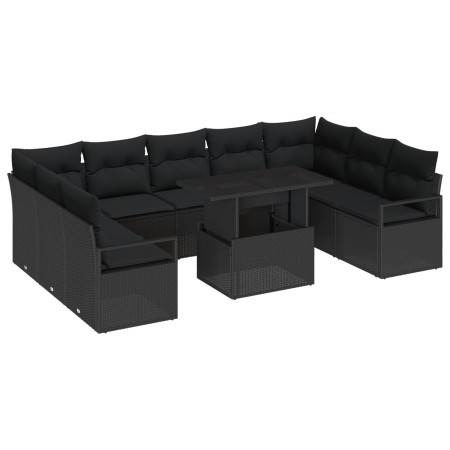 Conjunto de Sofá de Jardín de 10 Piezas con Cojines Negro Poliratán, Sofá de Jardín de 2 Plazas con Cojines Negro Poliratán b...