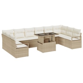 Set de Sofá de Jardín de 11 Piezas con Cojines Ratán Poli Beige, Sofá de Jardín de 2 Plazas con Cojines Ratán Poli Beige de ,...