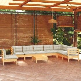 Muebles de jardín 9 pzas y cojines madera maciza de pino crema