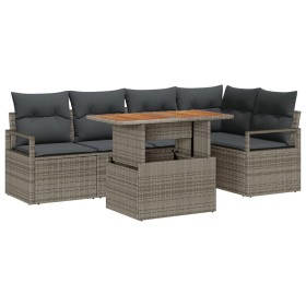 Conjunto de Sofá de Jardín de 6 Piezas con Cojines Gris Poliratán Acacia, Sofá de Jardín de 2 Plazas con Cojines Gris Polirat...