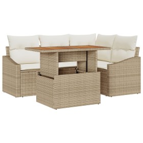 Juego de Comedor de Jardín de 5 Piezas con Cojines Beige de Ratán Poliéster Acacia von , Outdoor-Sofas - Ref: Foro24-3349833,...