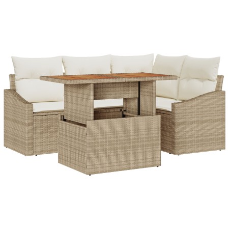 Juego de Comedor de Jardín de 5 Piezas con Cojines Beige de Ratán Poliéster Acacia de , Sofás de exterior - Ref: Foro24-33498...