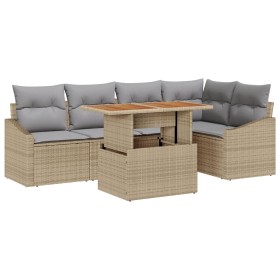 Juego de Comedor de Jardín de 6 Piezas con Cojines Beige de Poliratán y Acacia von , Outdoor-Sofas - Ref: Foro24-3349839, Pre...