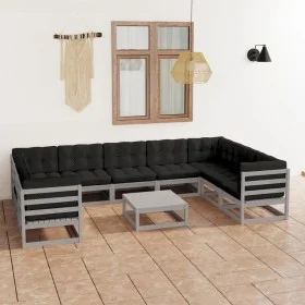10-piece garden furniture set with gray pine wood cushions by vidaXL, Garden sets - Ref: Foro24-3078146, Price: 860,25 €, Dis...