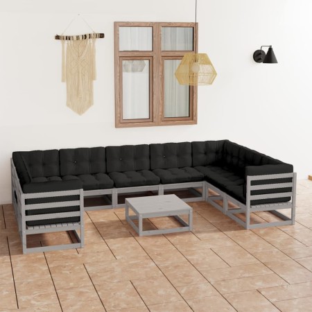 10-piece garden furniture set with gray pine wood cushions by vidaXL, Garden sets - Ref: Foro24-3078146, Price: 872,72 €, Dis...
