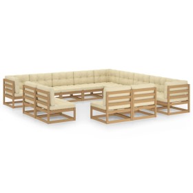 Set de muebles de jardín 13 pzs cojines madera pino marrón miel