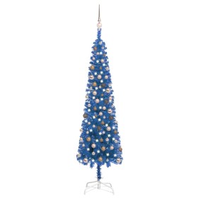 Árbol de Navidad delgado con LEDs y bolas azul 210 cm