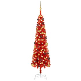 Árbol de Navidad delgado con LEDs y bolas rojo 180 cm
