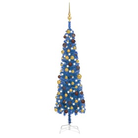 Árbol de Navidad delgado con LEDs y bolas azul 150 cm