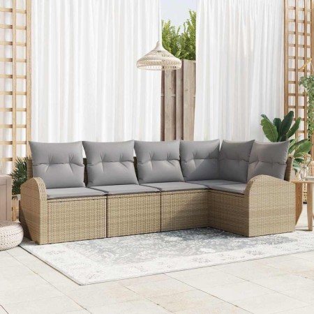 Conjunto de sofá de jardín con cojín 5 pcs Beige Poliratán