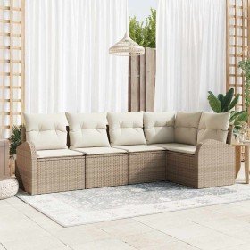 Conjunto de sofá de jardín con cojín 5 pcs Beige Poliratán