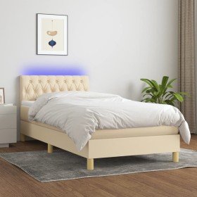 Cama box spring con colchón y LED tela crema 90x190 cm Cama box spring con colchón y LED tela crema 90x190 cm