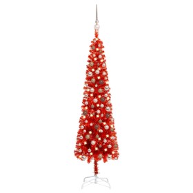 Árbol de Navidad delgado con LEDs y bolas rojo 150 cm