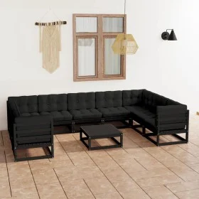 Garden furniture 10 pieces and cushions black solid pine wood by vidaXL, Garden sets - Ref: Foro24-3078148, Price: 1,00 €, Di...