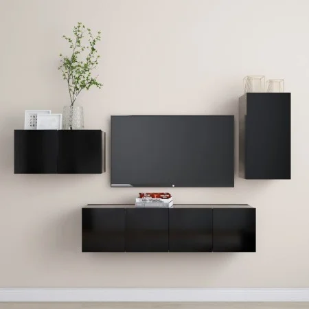 4-teiliges TV-Wohnzimmermöbelset aus schwarzem Holzwerkstoff von vidaXL, TV-Möbel - Ref: Foro24-3078782, Preis: 125,25 €, Rab...