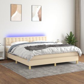 Cama box spring con colchón y LED tela crema 160x200 cm Cama box spring con colchón y LED tela crema 160x200 cm