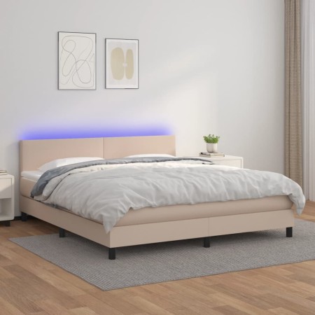 Cama box spring colchón LED cuero sintético capuchino 160x200cm