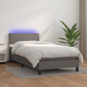 Cama box spring y colchón LED cuero sintético gris 90x200 cm Cama box spring y colchón LED cuero sintético gris 90x200 cm