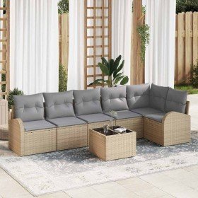 Conjunto de sofá de jardín con cojín 7 pcs Beige Poliratán