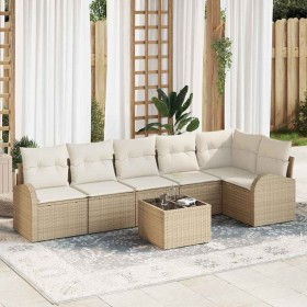 Conjunto de sofá de jardín con cojín 7 pcs Beige Poliratán